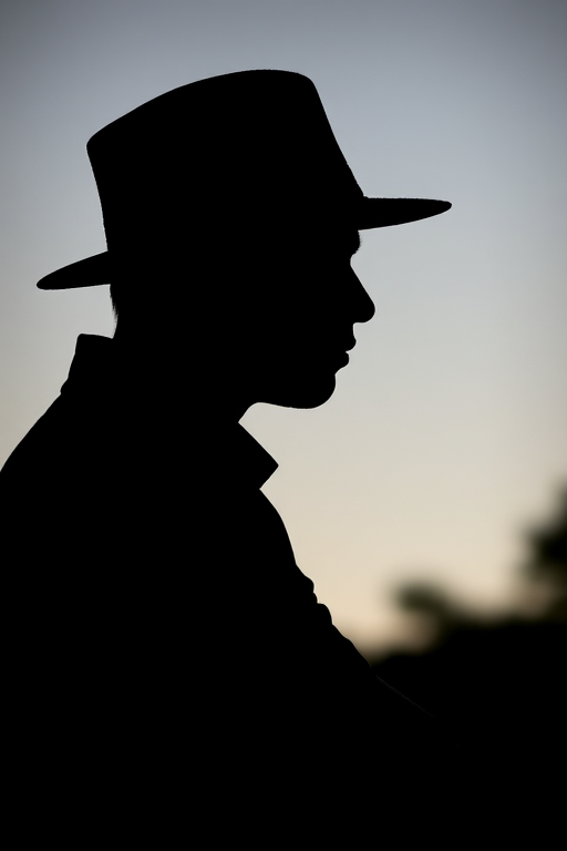 Create a high-contrast silhouette of a person wearing a hat with arms crossed, using a DSLR camera set to f/8 aperture, ISO 100, and a focal length of 50mm, captured from a side profile view with natural backlighting for enhanced definition.