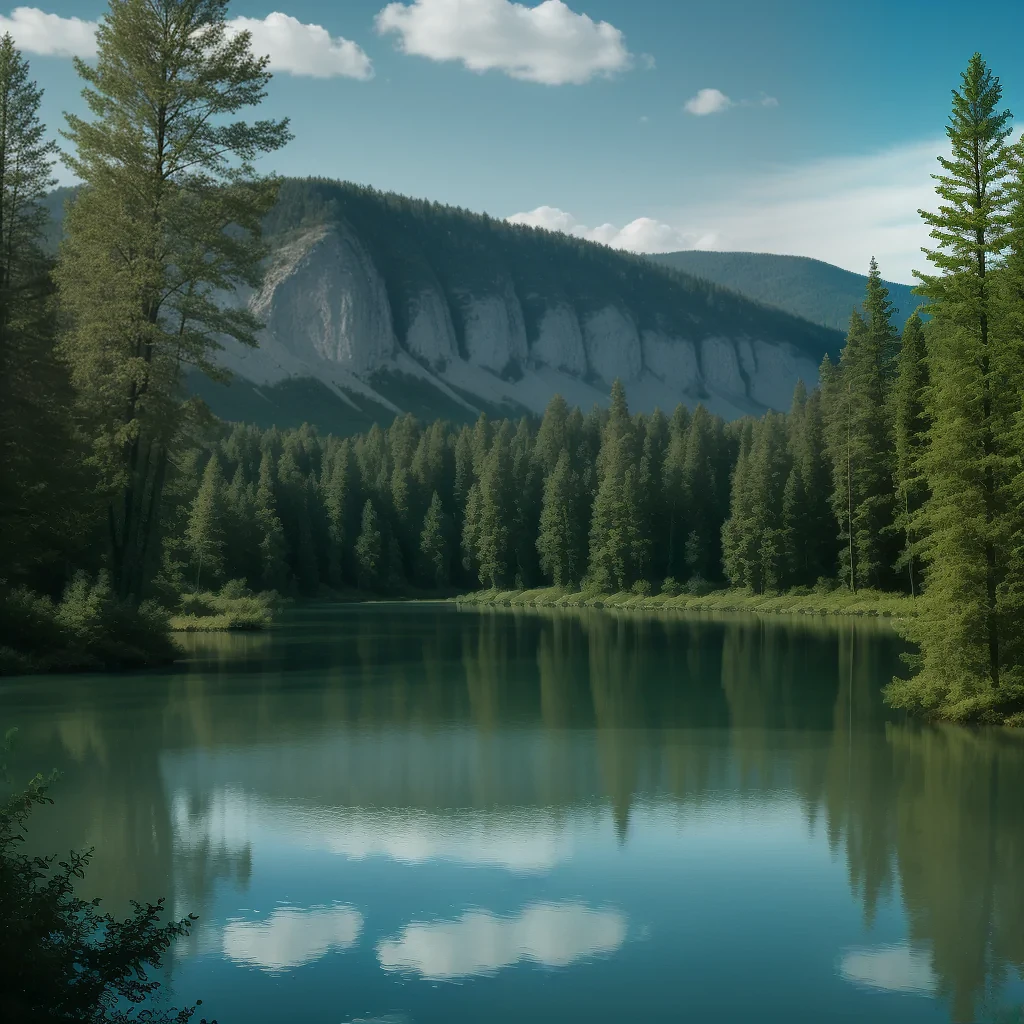 Tranquil River Valley Surrounded by Majestic Mountains and Lush Pine Trees
