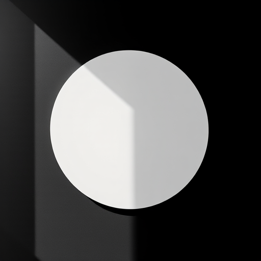 Create a minimalist image featuring a centered white circle on a black background, taken with a Canon EOS R5, 50mm lens, aperture f/1.8, shutter speed 1/125 sec, ISO 100, in soft natural light for enhanced contrast and clarity.