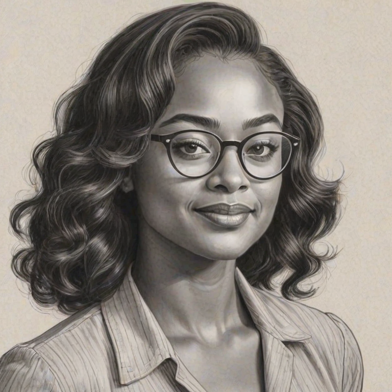 Graceful Tatyana Ali, pencil sketch, portrait of Appealing woman 1944s in glasses, hair style beatnik, outline, clear lines, fine lines, 8k
