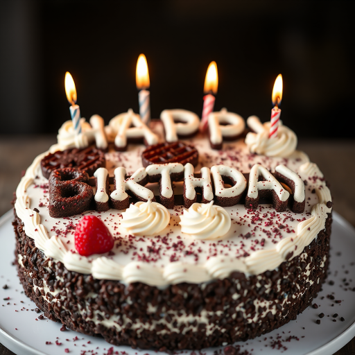 black forest gateau cake, spelling out the words "HAPPY BDAY", tasty, food photography, dynamic shot