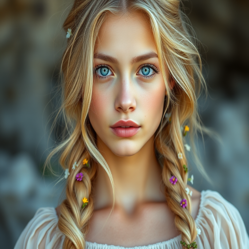 Create an image of a young Mestizo woman with long, wavy blonde hair, adorned with small, colorful flowers woven into her braids and loose strands. Her complexion is fair, with soft, glowing skin, and she has light blue eyes that gaze softly at the viewer. She wears a light, flowing dress with a gentle, ethereal quality, complementing her delicate and serene appearance. The background is slightly blurred, drawing focus to her tranquil expression and the intricate details of the flowers in her hair. The overall mood of the image is one of natural beauty and grace, evoking a sense of peacefulness and connection with nature.