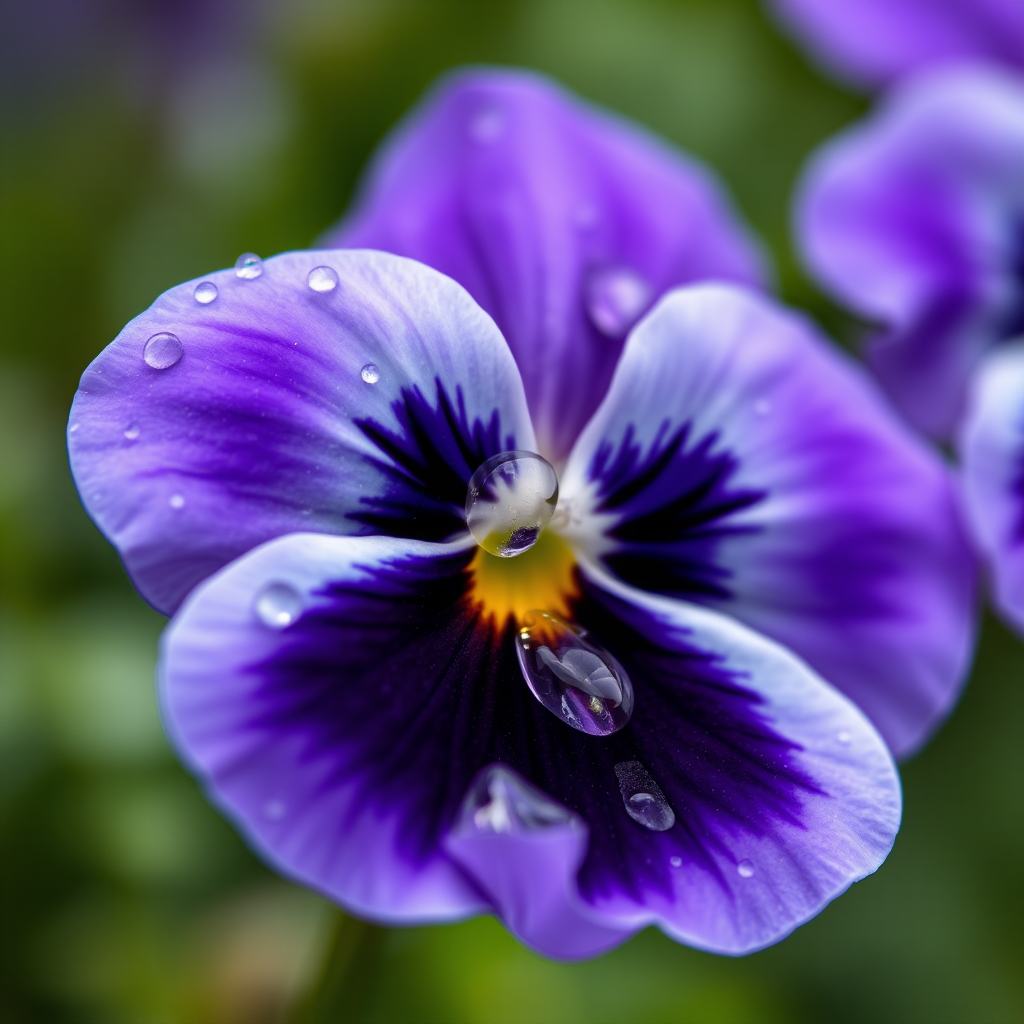 Close-up of a purple pansy flower with water droplets, macro lens, 50mm f/1.8 aperture, ISO 200, natural light, shallow depth of field, captured with a DSLR camera.
