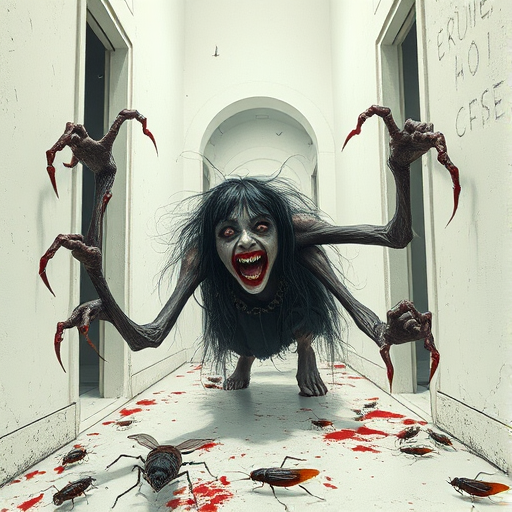 a crooked female with long arms and a creepy smile is crawling along a long white corridor and you can also see cockroaches in it there is a creepy atmosphere creepy art style