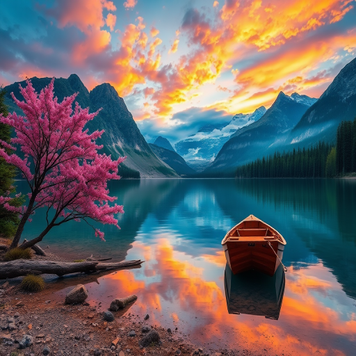 Create a vivid landscape painting of a serene lake at sunset, surrounded by majestic mountains and lush evergreen trees, with pink flowering trees on the shore and a wooden boat gently floating on the water, featuring reflections of the vibrant sky in the lake, shot with a DSLR camera at f/8, ISO 100, 24mm lens, in a wide-angle view to capture the expansive scene and enhance the colors and details.