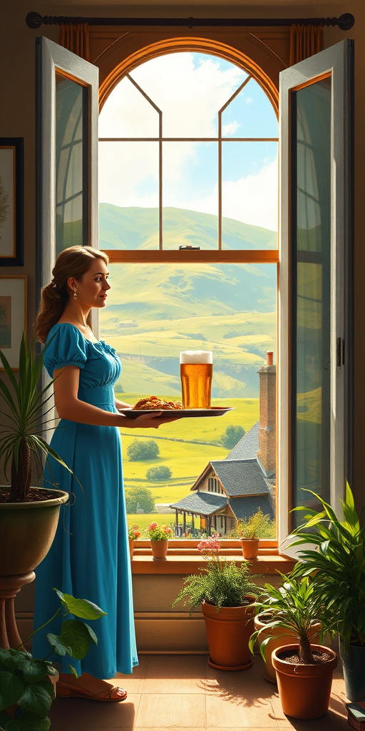 In "A Glass of Beer on the Highland," a serene scene is depicted in a sunlit room where a woman in a vibrant blue dress stands by a large window. She holds a tray with a hearty meal and a frothy glass of beer, embodying a moment of relaxation. Outside, the breathtaking highland landscape features rolling green hills and a charming traditional house, all bathed in warm afternoon light. The interior is adorned with potted plants, creating a harmonious blend of comfort and nature. The painting beautifully captures the tranquility and joy found in simple pleasures amidst stunning scenery