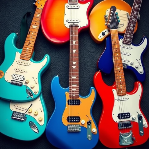 Generate a vibrant illustration of eight electric guitars in various colors arranged artistically, using a high-resolution digital art style, captured from a top-down view with a Canon EOS R5, f/8 aperture, 24mm lens, ISO 200 for enhanced detail.