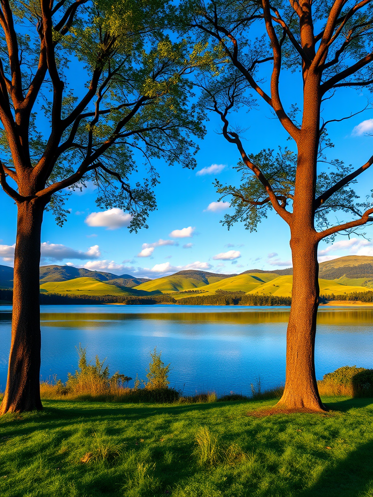 Generate a vibrant landscape with two trees framing a calm lake at sunrise, with rolling green hills in the background and scattered clouds in a bright blue sky, using a DSLR camera at f/8 aperture, ISO 100, 50mm lens, in landscape mode for high detail and clarity.