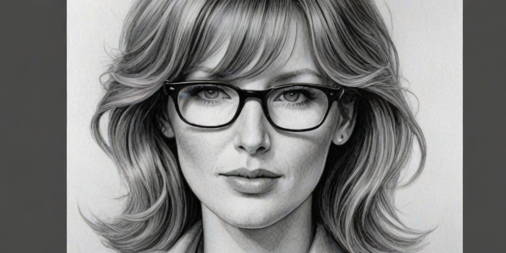 Lovely Kelly Reilly, pencil sketch, portrait of Magnificent woman 1943s in glasses, hair style beatnik, outline, clear lines, fine lines, 8k