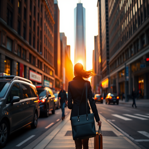Bustling city street at sunset, the light reflecting off tall buildings, a woman in a business suit walks briskly down the sidewalk, her briefcase in hand as the city comes alive around her.