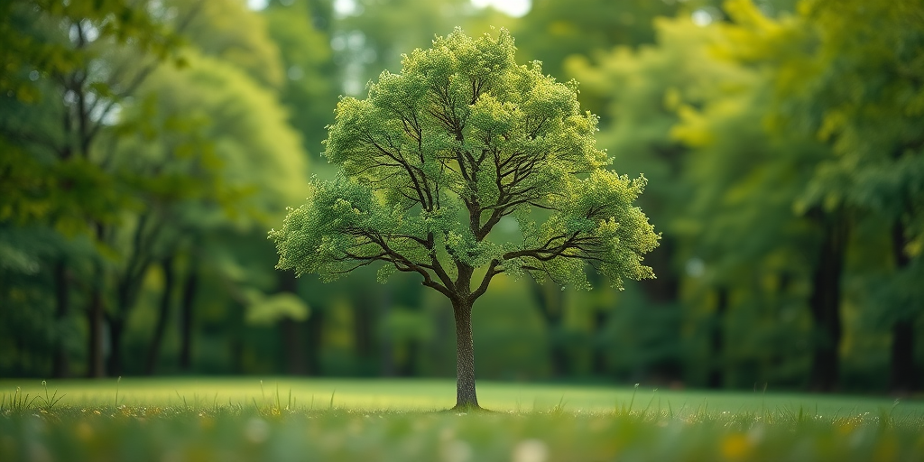 Generate a high-quality image of a stylized tree in a lush green landscape using a DSLR camera with a 50mm lens, aperture at f/1.8, ISO 100, and a shallow depth of field to create a bokeh effect, shot from a low angle view to emphasize the tree's height.