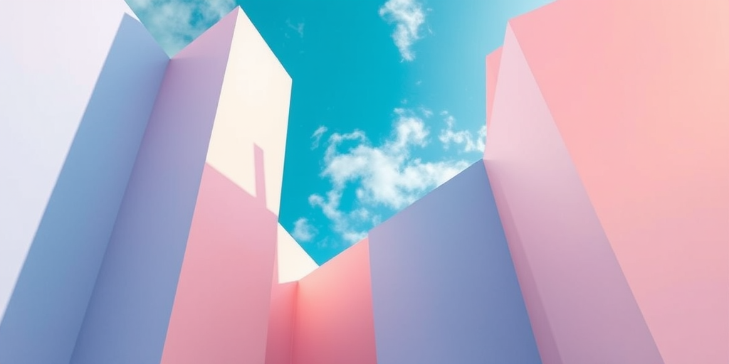 create a vibrant geometric abstract image with soft pastel colors blending into a blue sky, use a Canon EOS R5, aperture f/4, ISO 100, shutter speed 1/200s, wide-angle view, high dynamic range style