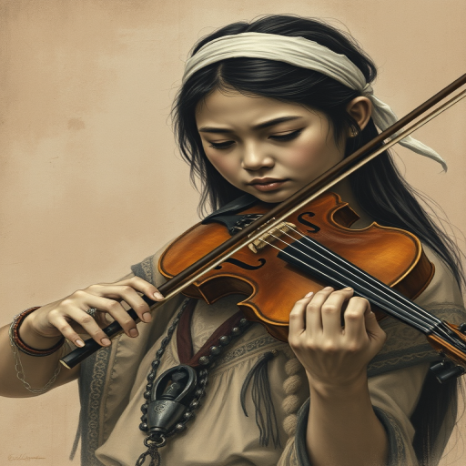 a young First Nations woman with a white headband playing a violin, in the style of a charcoal drawing, sepia grunge background