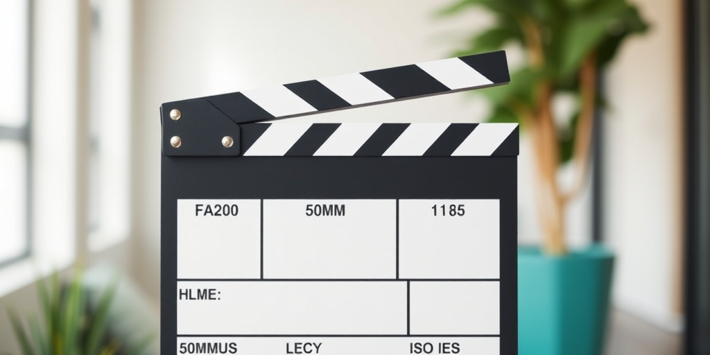 Create an image of a classic movie clapperboard with a clean background, using a 50mm lens, f/1.8 aperture, ISO 200, and a shallow depth of field for a blurred background effect, captured from a front view in natural light with a DSLR camera.