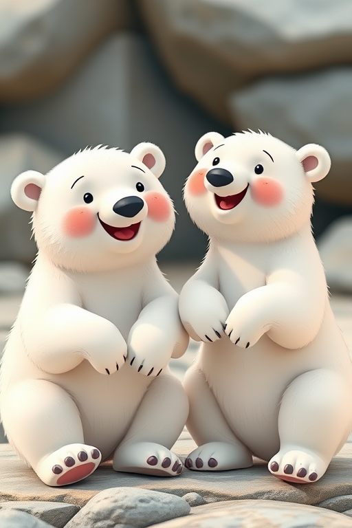 cartoon polar bears in playful poses, high-resolution, 85mm lens, f/4, natural lighting, macro photography, digital illustration