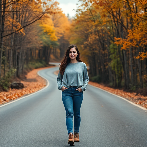 A young woman standing in the middle of a winding road surrounded by autumn trees, shot with a DSLR camera at f/4 aperture, ISO 100, 50mm lens, wide-angle perspective, natural lighting, high-resolution sharp focus.