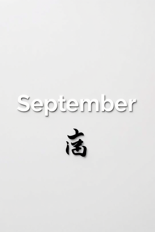 Create a minimalist digital artwork featuring the word "September" prominently displayed in a modern sans-serif font, with the number "09" positioned below it, incorporate a stylized Japanese character for "fly" integrated into the design, use a monochromatic color scheme of grays and blacks, shot with a Canon EOS R5 at f/5.6, ISO 100, focal length 50mm, from a straight-on view, in a flat lay style to enhance clarity and detail.