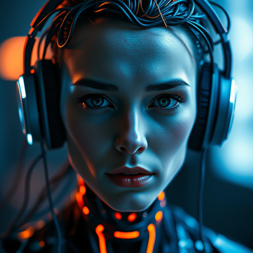 portrait of a futuristic cyborg with a network of wires emanating from its head, wearing glowing headphones, dramatic lighting with a blend of blue and orange, sharp focus, DSLR camera, 85mm lens, f/1.8 aperture, ISO 100, high dynamic range, soft bokeh background