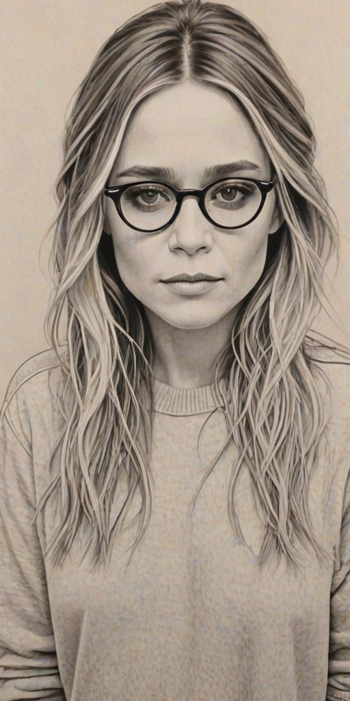 Pleasing Mary-Kate Olsen, pencil sketch, portrait of Magnificent woman 1968s in glasses, hair style beatnik, outline, clear lines, fine lines, 8k