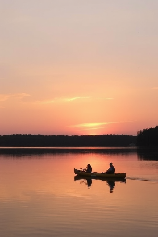 Peaceful lakeside scene at sunset, with a couple kayaking, the sky reflecting shades of pink and gold on the water, and the sounds of nature enveloping them.