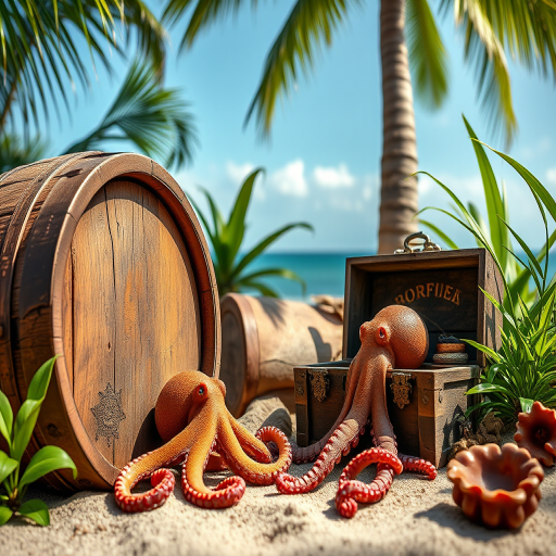 Create a realistic treasure island scene with a weathered wooden barrel, an ornate treasure chest, two playful octopuses, lush green plants, and a tall palm tree, captured with a DSLR camera at f/2.8 aperture, ISO 100, 24mm lens, in natural light for vibrant colors and sharp details, using a macro view.