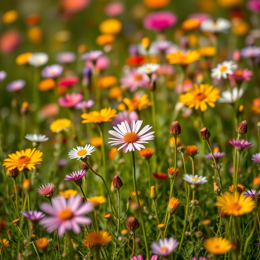Generate a close-up photograph of a field of colorful wildflowers with a shallow depth of field, using a DSLR camera, lens aperture set to f/2.8, ISO 100, 50mm focal length, shooting in natural light to enhance color vibrancy and detail.