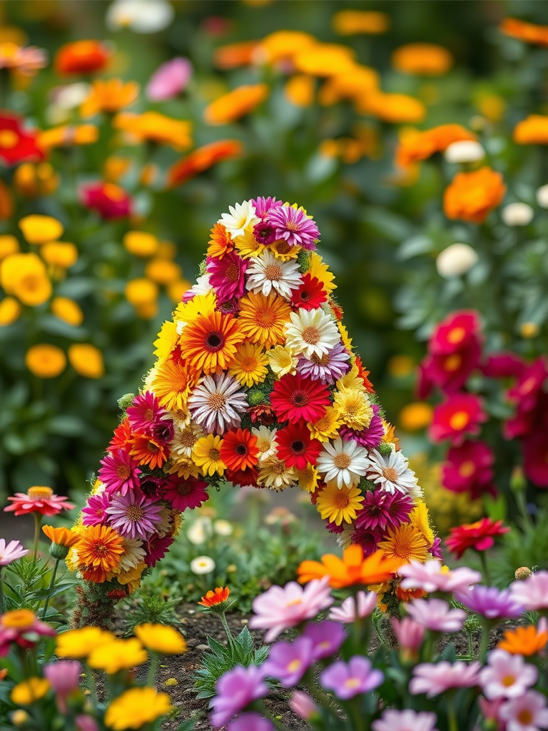 Generate an image of the letter A made of colorful flowers in a vibrant garden scene with a soft focus background, using a DSLR camera at f/2.8 aperture, 50mm lens, ISO 100, with a slightly elevated angle for depth and a wide color range.