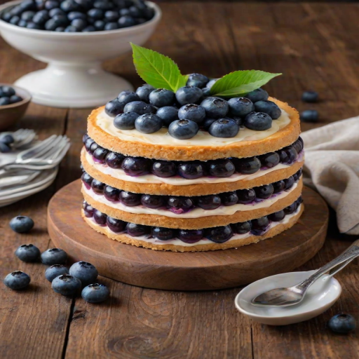 Create an image of a layered cake with multiple thin layers, filled with blueberry filling and topped with fresh blueberries. The cake is presented on a rustic wooden table with a simple, elegant setting. Include a small vase with colorful leaves and additional blueberries scattered around the table.