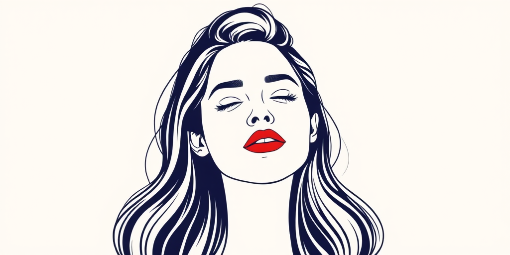 Create a line art illustration of a woman with a relaxed expression and red lips, using a soft pastel background, captured with a Canon EOS R, 50mm lens, f/1.8 aperture, ISO 200, natural light for enhanced clarity and detail.