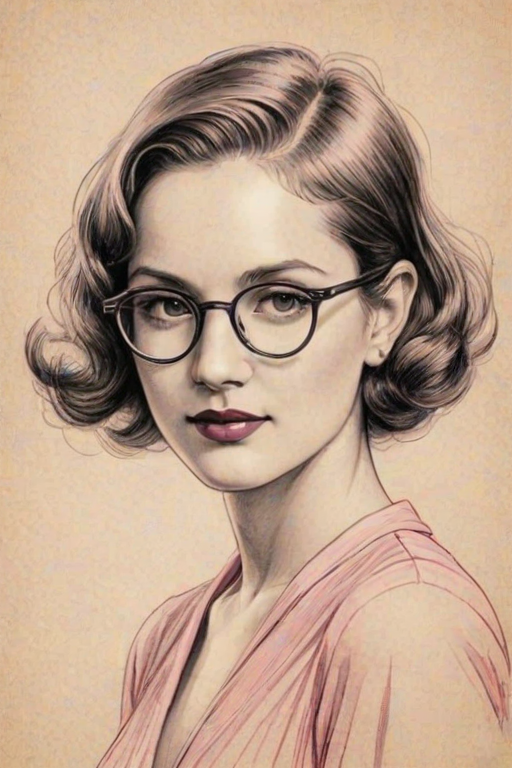Graceful Pink, pencil sketch, portrait of Dazzling woman 1929s in glasses, hair style beatnik, outline, clear lines, fine lines, 8k