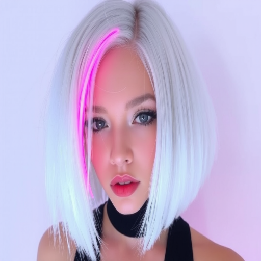 Sleek platinum blonde bob with razor-sharp edges and a single streak of neon pink, exuding futuristic chic and cyberpunk vibes, aptly called Electric Ice