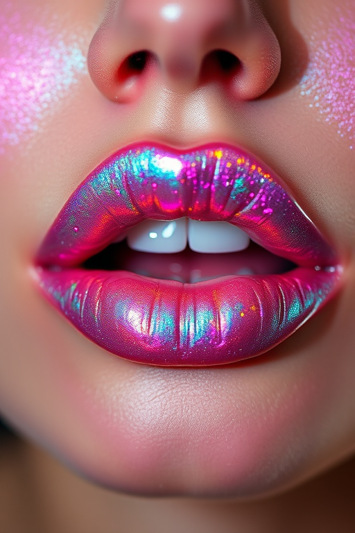 Iridescent holographic lip topper "Prismatic Dreams" creating a multidimensional effect, shifting colors in different lighting, and adding sparkle to any lip color