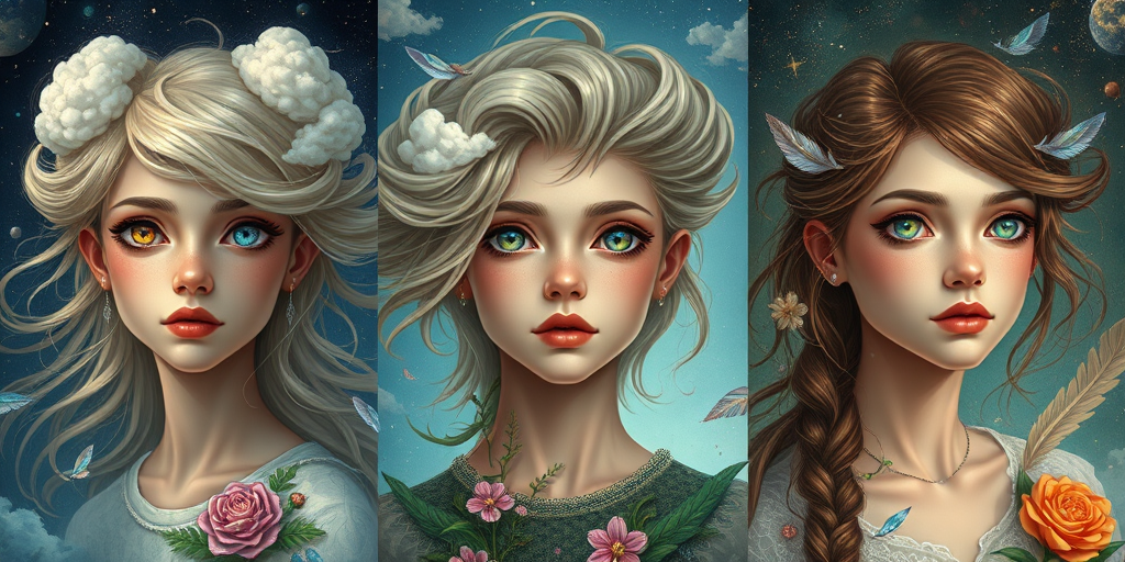 Create a series of imaginative portraits where each subject is infused with elements of fantasy and nature. The hair of the individuals should flow like clouds, varying from soft, fluffy cumulus to wispy cirrus strands, with hints of color reflecting a sunset or a clear blue sky. The eyes should be windows to entire galaxies, with stars, nebulae, and distant planets visible within them. Clothing should be adorned with nature motifs, such as floral patterns that bloom and change, vines that seem to grow and wrap around, or feathers that shimmer with iridescence. Each portrait should capture a unique personality, blending human features with the ethereal beauty of the natural and cosmic world. The backgrounds can vary, from starry night skies to enchanted forests, adding depth and context to the magical realism of the portraits