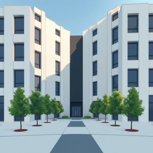 create a digital illustration of a modern building with a symmetrical design, featuring tall windows and a central dark structure, surrounded by neatly arranged trees and a simple pathway, using a wide-angle lens, aperture f/8, ISO 100, daylight settings, and a high-resolution rendering style to enhance the clarity and detail of the scene.