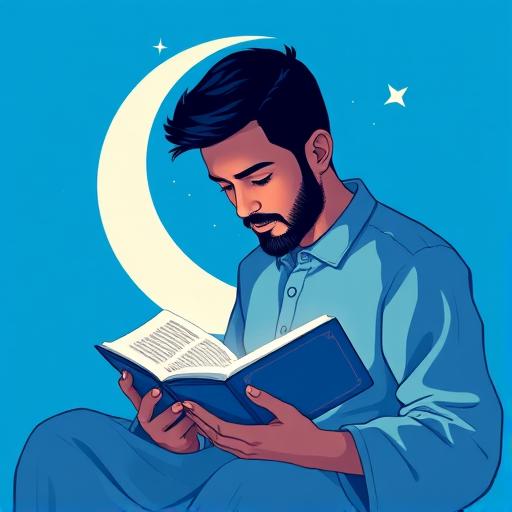 Create an illustration of a man reading the Quran with a crescent moon and star in the background, using a bright blue color scheme; use a 50mm lens, aperture f/1.8, ISO 100, soft lighting, and a digital illustration style for high detail and clarity.