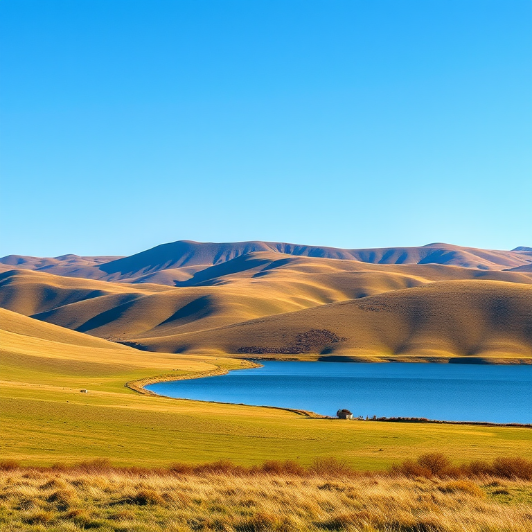 Generate a high-resolution image of a serene landscape featuring rolling hills, a clear blue sky, and a calm lake in the foreground, captured with a DSLR camera at f/8 aperture, ISO 100, with a wide-angle lens at 24mm, using natural daylight and HDR settings for enhanced detail.