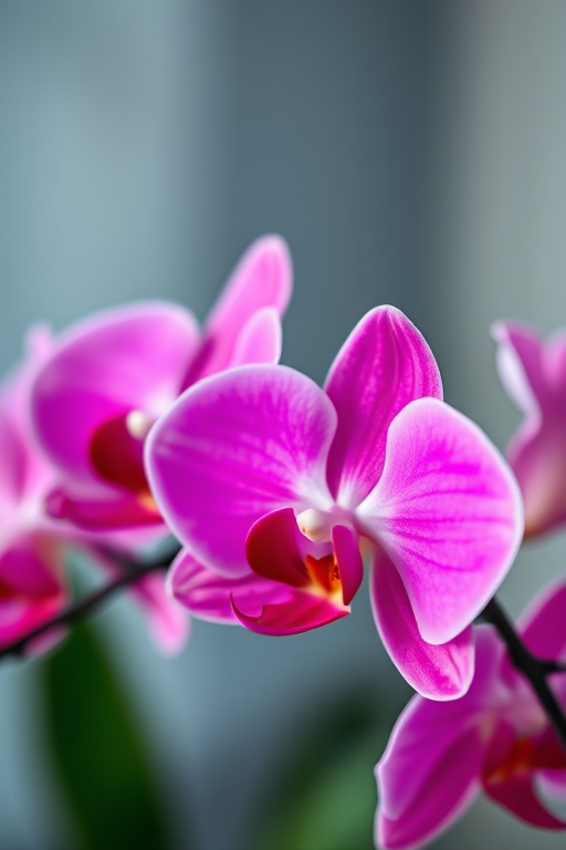 Close-up shot of vibrant pink orchids with soft focus background, aperture f/2.8, shutter speed 1/200, ISO 100, macro lens, natural light, DSLR camera, high saturation.