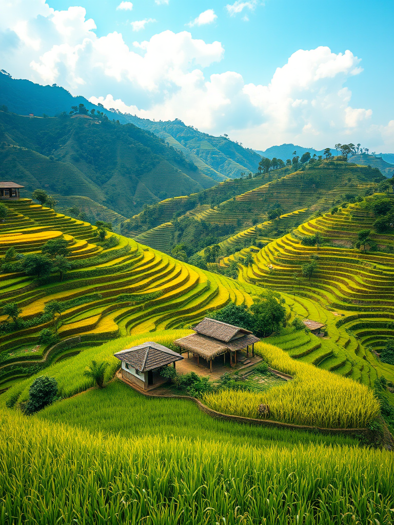 vivid landscape of terraced rice fields with lush greenery and small huts, captured with a Canon EOS R5, 24mm lens, f/8 aperture, ISO 100, soft natural lighting, wide-angle view, high dynamic range for enhanced color depth