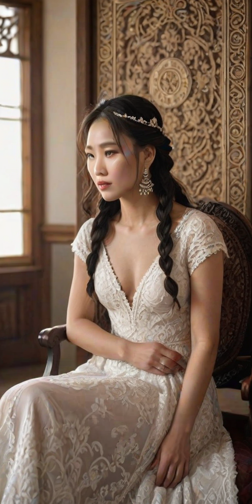 Create a portrait of a refined and elegant Mongolian woman seated in a sophisticated setting. She has long, wavy hair styled in two thick braids that are pulled over her shoulders. She wears a white, lace gown with intricate patterns, featuring a deep V-neckline and short sleeves. The dress exudes a vintage charm with its delicate lacework. She is adorned with ornate, dangling earrings that add a touch of glamour to her appearance. The background is softly lit, with warm, ambient lighting that creates a cozy and inviting atmosphere. Her expression is poised and serene, capturing a sense of grace and elegance.