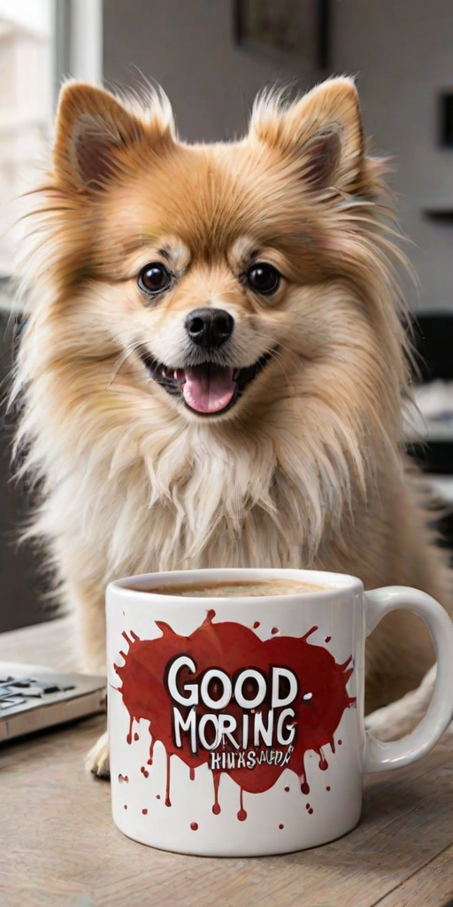 A quirky, artistic illustration of a disheveled german spitz with exaggerated, large eyes and spiky fur, holding a coffee mug that reads "Good Morning". The dog has a tired but humorous expression, with ink splatters and abstract details surrounding it, giving a whimsical feel to the image. The color palette is mostly monochrome with hints of red in the eyes and steam rising from the mug, enhancing the overall sleepy vibe