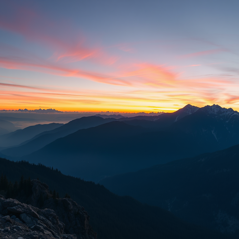 Create a high-resolution image of a serene mountain landscape at sunrise with vibrant colors, using a DSLR camera with a 24mm lens, aperture f/8, ISO 100, shutter speed 1/125s, capturing a panoramic view with soft, diffused lighting.