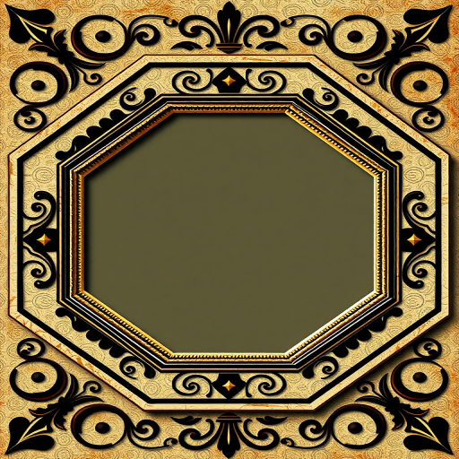 Create a high-resolution image of a vintage octagonal frame design with decorative swirls and geometric patterns, using a DSLR camera with a 50mm lens at f/1.8, 1/125s shutter speed, and ISO 100, shot from a straight-on view to maintain symmetry and clarity.