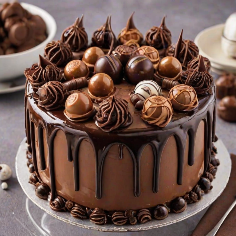 Generate an image of a decadent chocolate cake with rich chocolate frosting. The cake features a glossy chocolate ganache drip, topped with an assortment of chocolate candies and decorative elements. Include a variety of textures and colors, such as chocolate curls, cream swirls, and edible pearls for a luxurious appearance. The background should be simple and elegant to emphasize the cake.