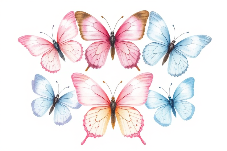 Create a watercolor illustration of five butterflies in various pastel colors, including pink and light blue. Arrange them in a circular pattern, showcasing their delicate wings and unique shapes. The background should be white to enhance the soft hues of the butterflies.