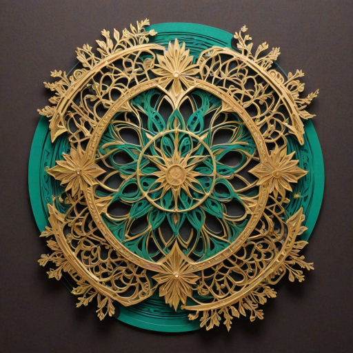 Kirigami representation of (Jaded Painting:1.3) of (Screen print:1.3),(Embarrassing:1.3) Dark Chocolate Brown,         Emerald,    Gold, Silver, Bronze, Diamond,  Amethyst,  Regular pattern,  Animal, Flower,  Fractal, Person, Object,  Branches,   Glimmering Coin: A coin made from polished gold or silver, shimmering brightly.,Frost: Thin layers of ice crystals forming on surfaces due to freezing temperatures. <lora:woodenart:1> woodenart, wooden, <lora:clothing_slider_v19:4>,(by Artist Peter Elson:1.3),(Geometric Abstract Art:1.3),(CMYK Colors:1.3), 3D, paper folding, paper cutting, Japanese, intricate, symmetrical, precision, clean lines
