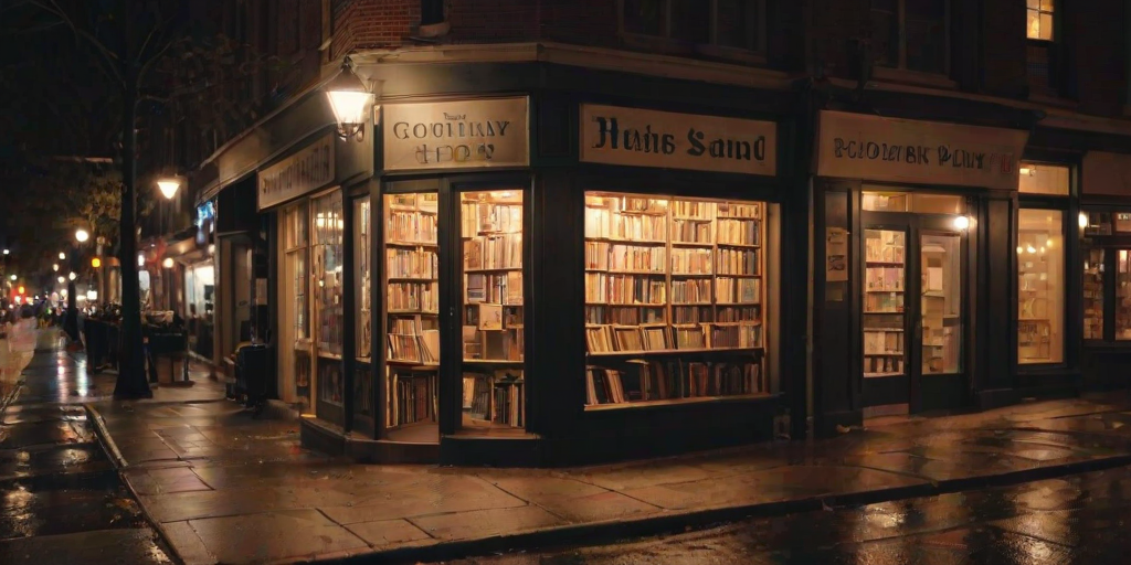 Warmly lit image of a small bookstore at night, soft light from the windows illuminating shelves of books, with a cozy reading nook visible in the background and soft reflections of streetlights on the wet sidewalk.