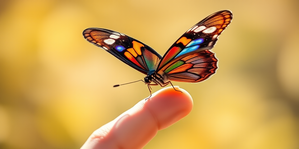 Generate an image of a colorful butterfly perched gently on a person's finger. The butterfly should have intricate patterns on its wings, showcasing vibrant colors. The background should be softly blurred to emphasize the butterfly and the hand. The setting should convey a warm, sunny day, capturing the delicate moment of nature.