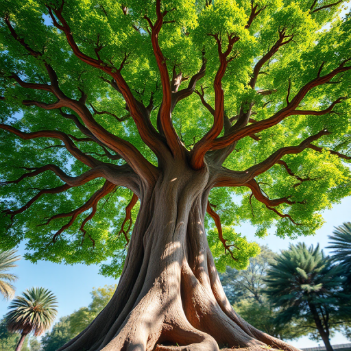 Create a vibrant, cartoon-style tree with a thick brown trunk and a lush green canopy, using a 50mm lens, f/8 aperture, and soft natural lighting, captured from a low angle perspective to emphasize the tree's height and fullness.