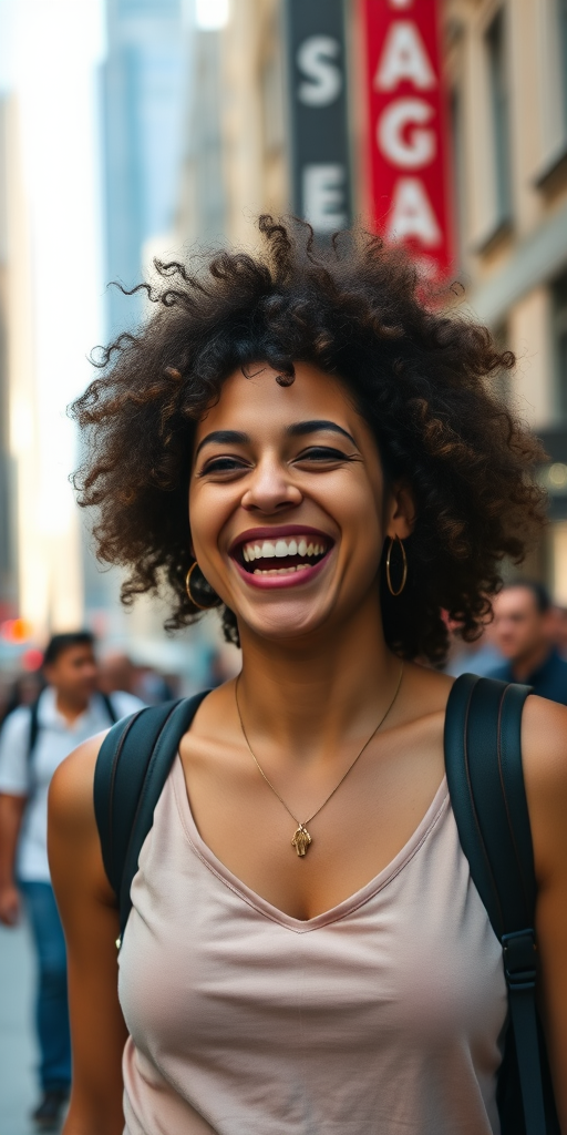 high-resolution portrait of a woman with curly hair laughing joyfully while walking through a bustling city street, natural light, 50mm lens, f/1.8, ISO 100, wide aperture for soft background blur, captured with a DSLR camera