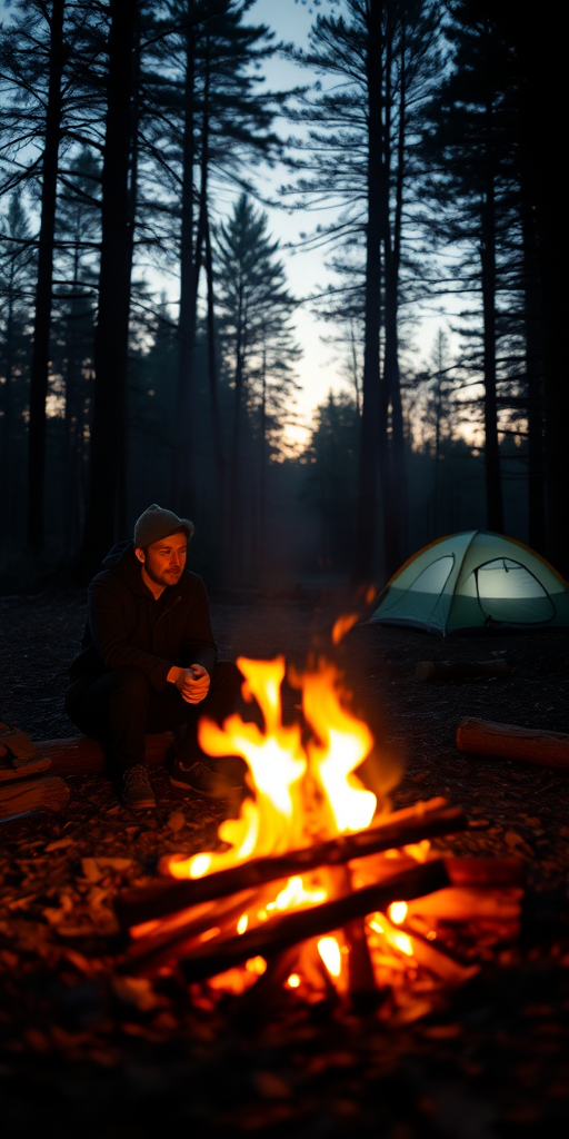 Warmly lit photo of a couple sitting by a campfire in the woods at dusk, with soft light from the flames casting warm shadows, and a tent softly visible in the background.